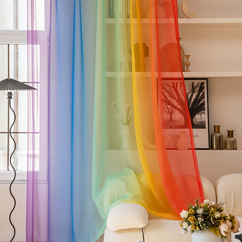 1pc Modern Polyester 100% Semi-sheer Rainbow Gradient Striped Window Curtain, Rod Pocket, Uncorded, Washable, Hand Wash Only, With Eyelet For Living Room