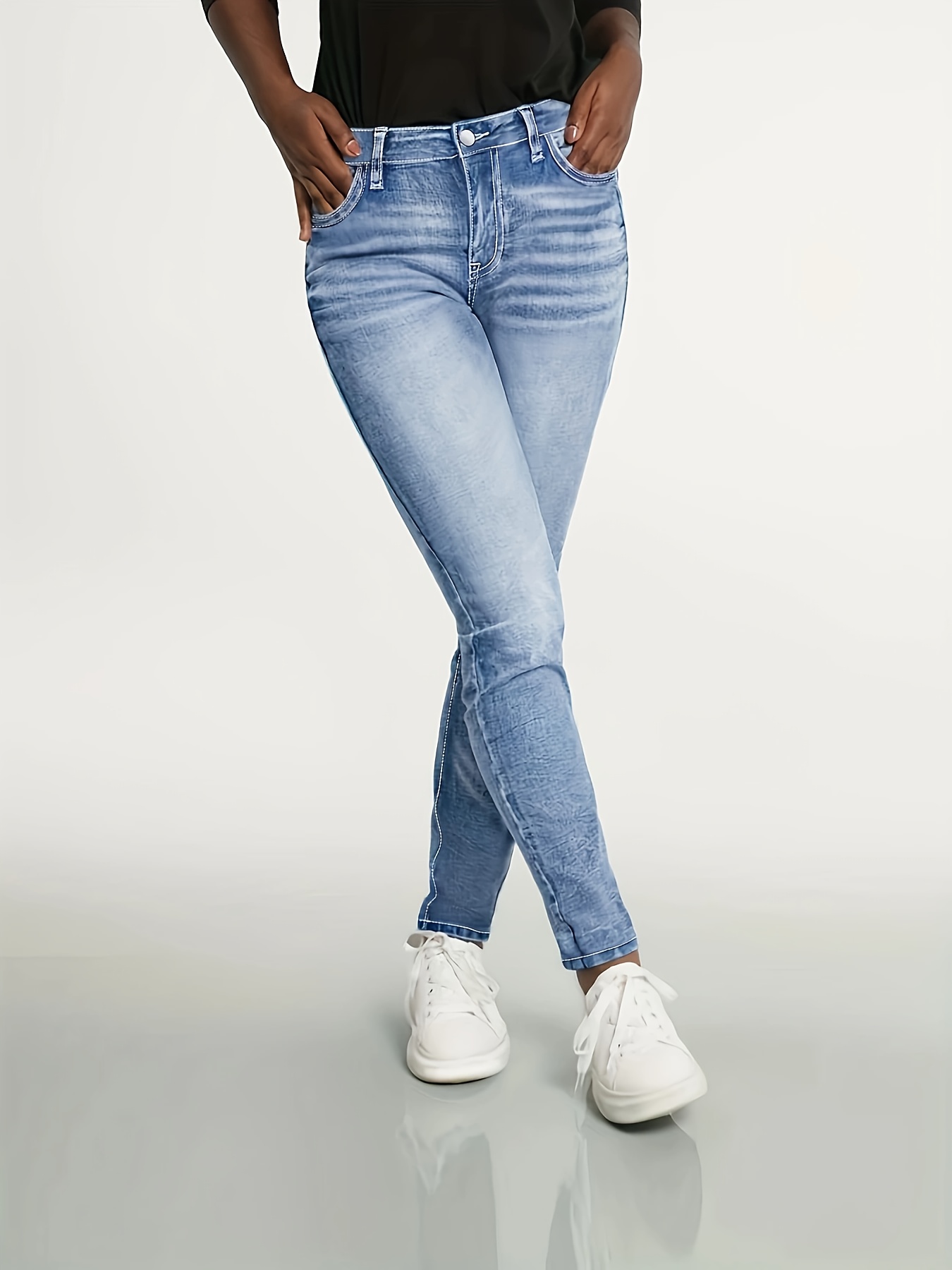 womens fashionable high stretch denim jeans light blue straight leg button fly casual long pants for spring summer casual attire straight leg jeans casual fit jeans
