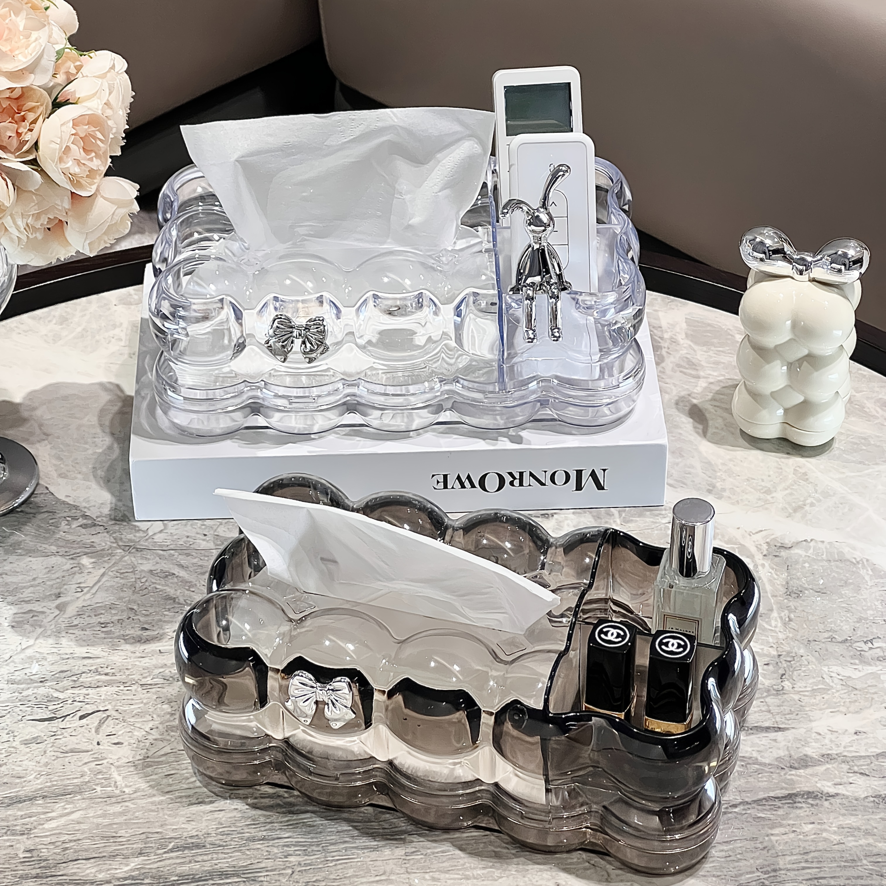 1pc elegant clear plastic tissue box holder with two storage compartments and rabbit accents cloud shaped home decor storage box for living room bedroom office kitchen and dining area storage and decor Product details 5