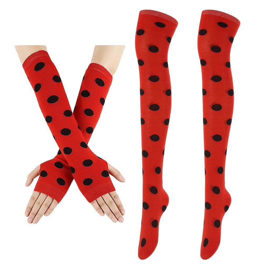 TEMU This 2pcs Ladybug Costume Set Includes Adorable Ladybug Makeup And Party Decorations, Red And Black Polka Dot Stockings, And Fingerless Gloves.