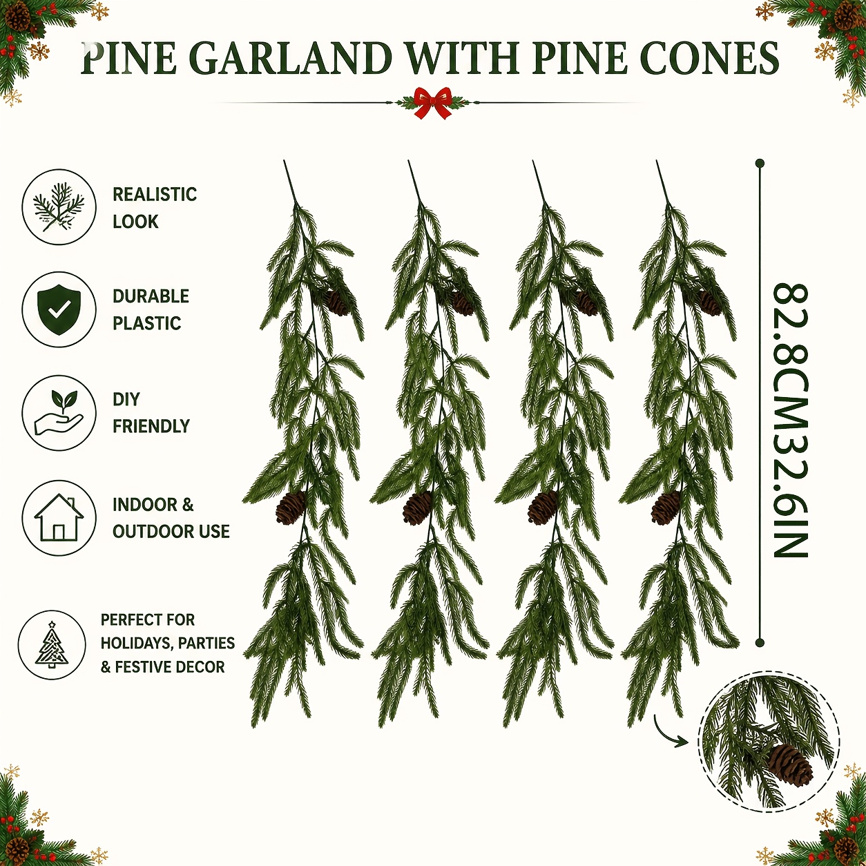 TEMU 4-pack Realistic Artificial Norfolk Pine Christmas Vine With Decorations, Suitable For Indoor/vine Decorations, Railing Wrapping And Hanging,