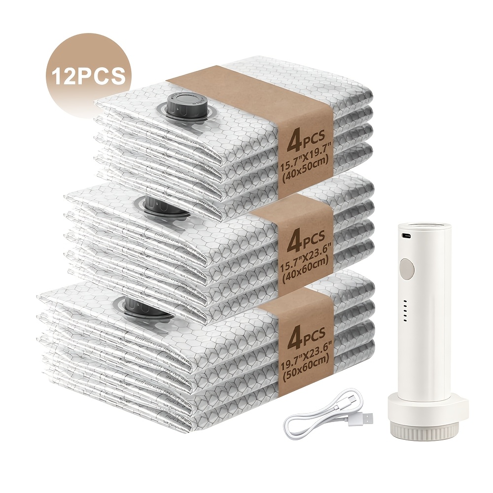 TEMU 12pcs Travel Vacuum Storage Bags With Portable Usb Electric Pump, 3 Sizes Widel Opening Design Portable Vacuum Seal Bags For Luggage And