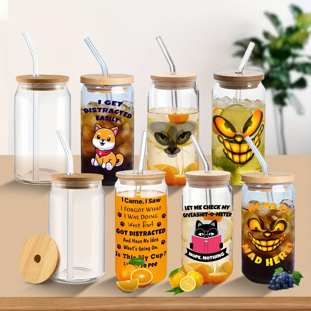 Vaso de cristal con tapa y pajilla, diseño de calavera y masón, decoración  de Halloween, vasos para beber, 16 onzas, juego de 2