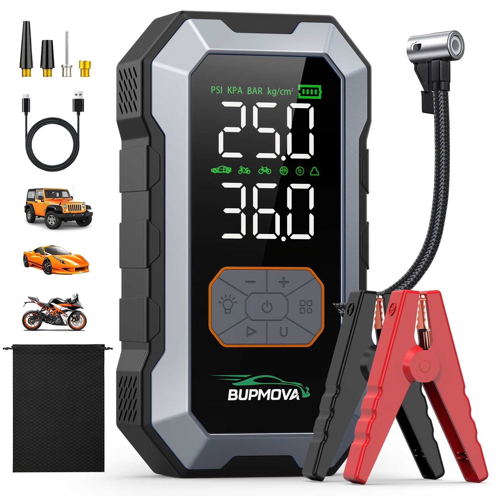 E-shop 9500A Auto Starthilfe mit Luftkompressor, kabellosem Reifenfüller, 25000mAh Batterie Booster mit Powerbank & LED-Taschenlampen, 12V Auto