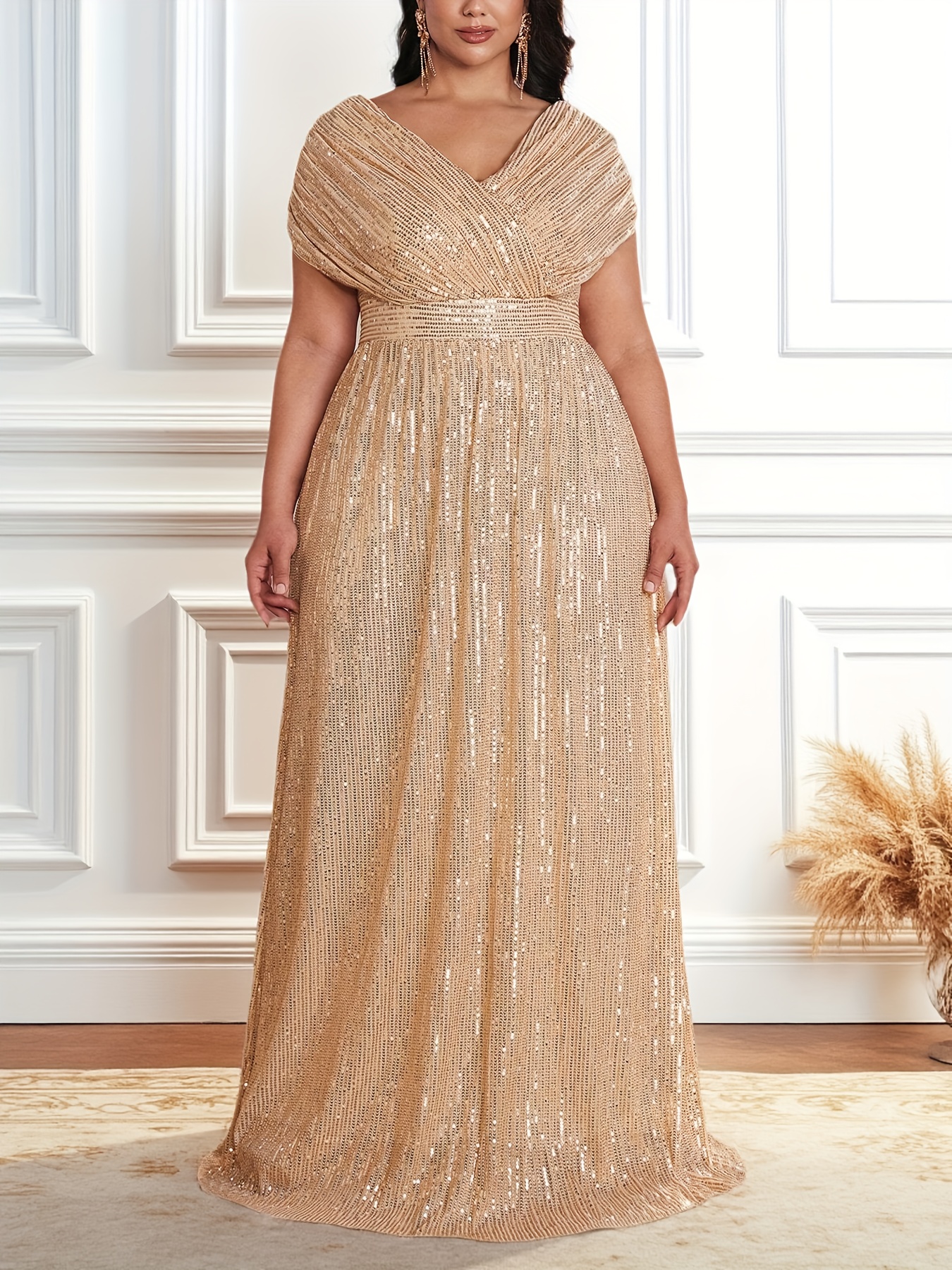 Plus Size, Plus Size Women's Elegant V-Neck Sequin Evening Gown Sparkling  Mermaid to Train Long Formal Dress with Zipper Closure, Short Sleeves Fu