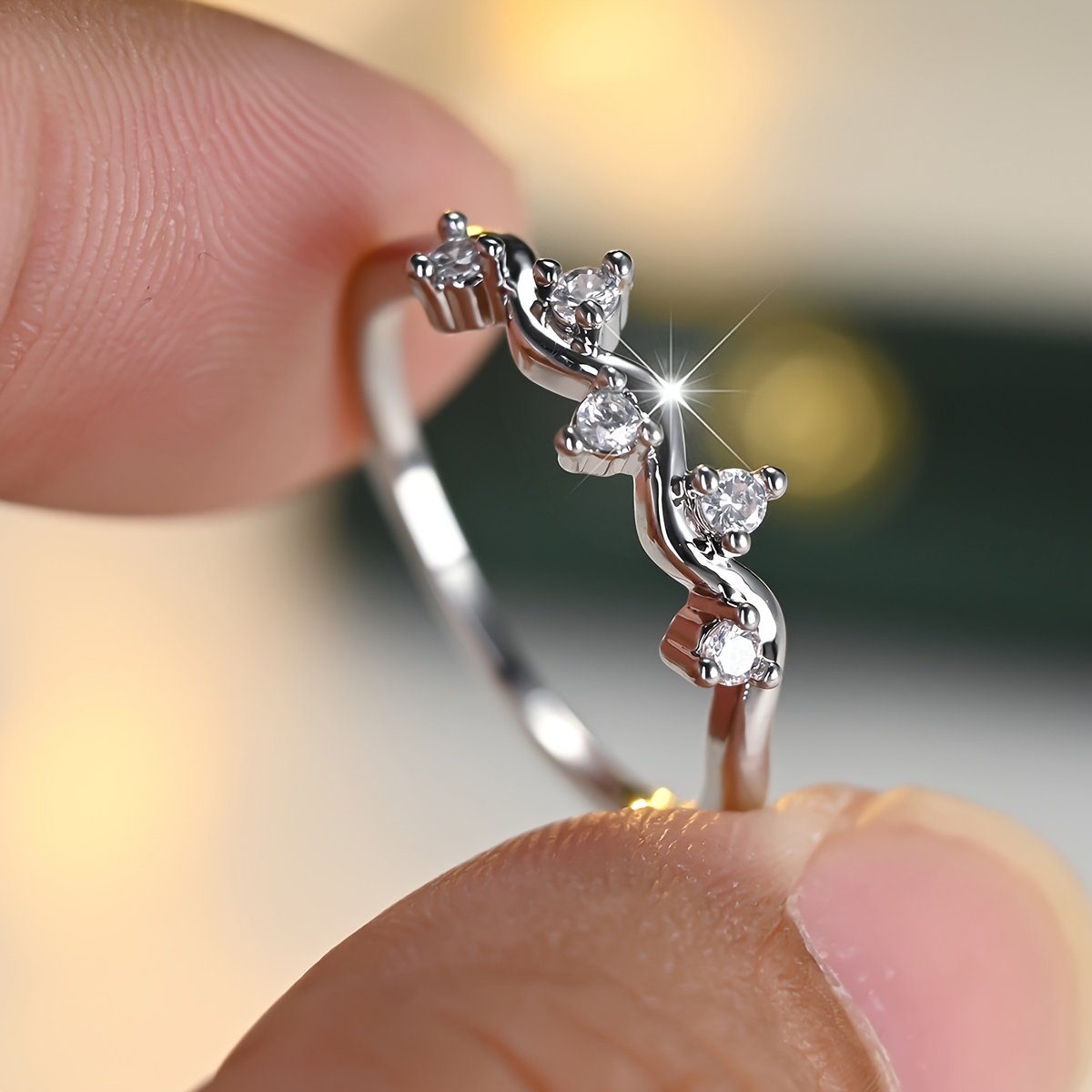 Exquisite Wave-Twisted Ladies' Ring with Inlaid Zirconia