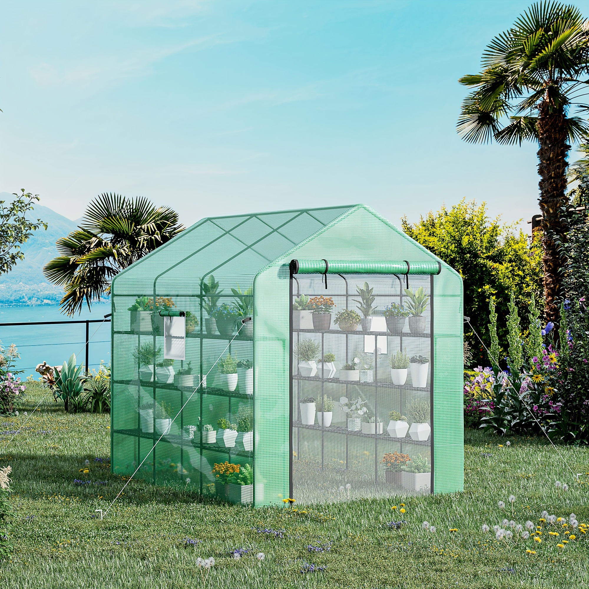 

Outsunny 8' X 6' X 7' Walk-in Greenhouse With Mesh Door And Windows, 18 Shelf Green House With Trellis, Plant Labels, Uv Protective For Growing Flowers, Herbs, Vegetables, Saplings, Green