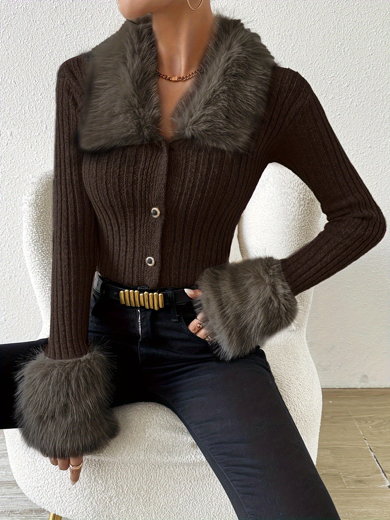 Fur Collar Contrast Faux Fur Fringe Hem Cardigan Fur Collar