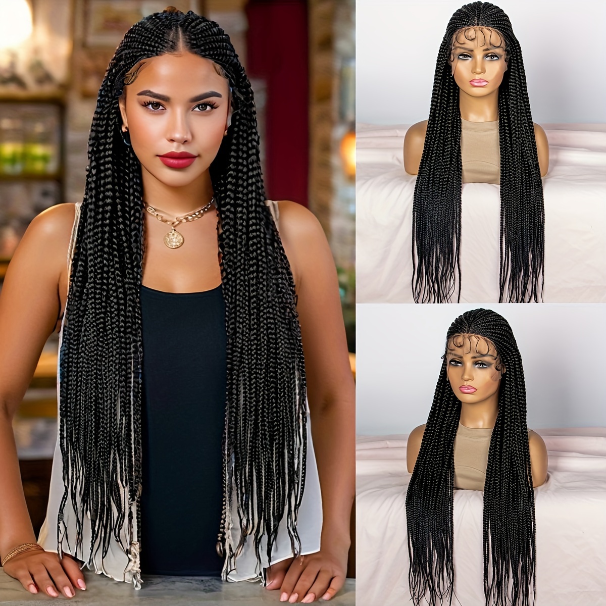 32 34 inch lace wig knotless box braided wigs women black - Temu display picture 1