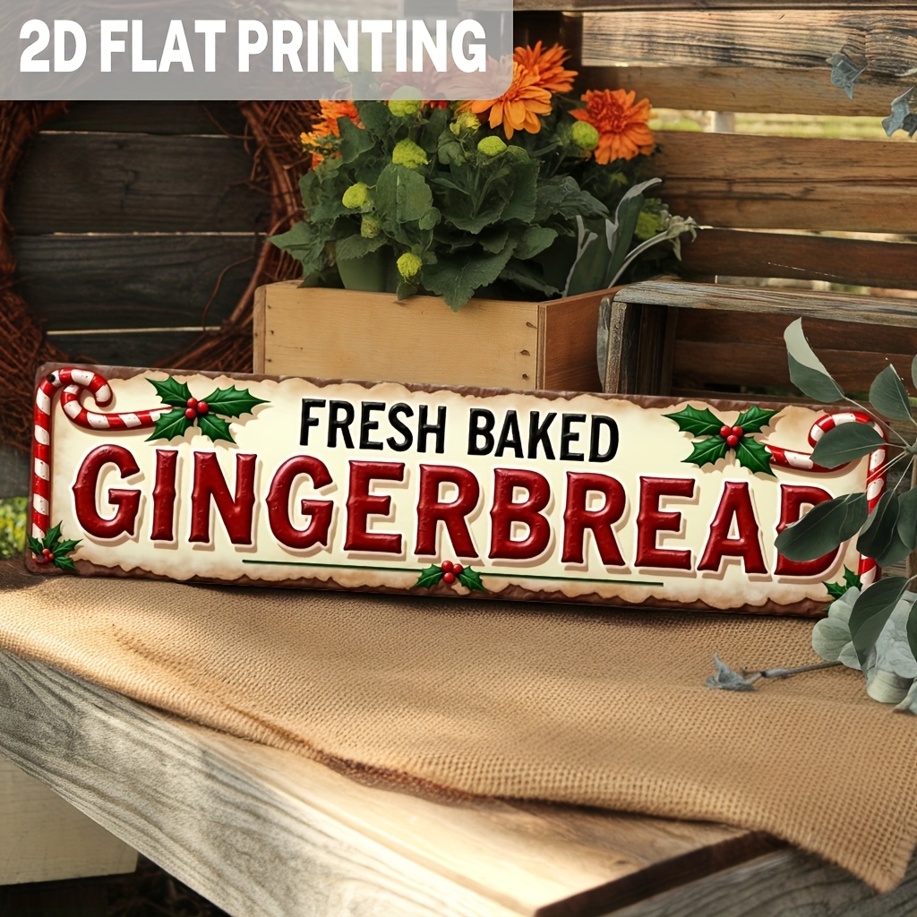 TEMU 2d Flat - A 2d Flat Printed Metal Sign Featuring A Of Baked Gingerbread, Perfect For Christmas And Holiday Decor. This Vintage-style Wall