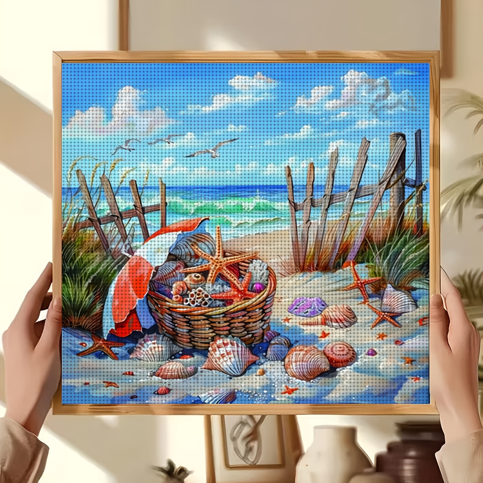 Cross-Stitch Printing Kit Featuring 'Beach Shell Starfish Basket' Design