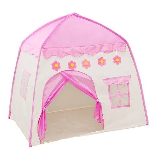 play large play tent for indoor outdoor use pink and white with floral accents easy assembly storage bag fun and learning play tent for