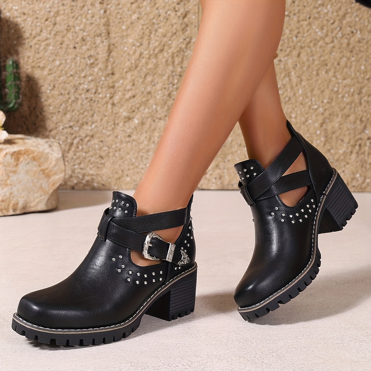 bottes cheville noires à clous femmes boucles talon bloc Temu