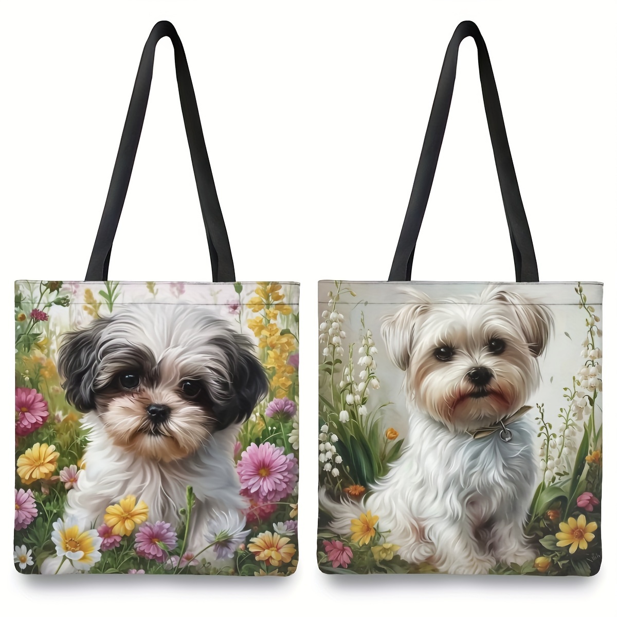 

1pc Puppy Flower Tote Bag, Polyester Reusable Shopping Bag, Lightweight Multifunctional Handbag