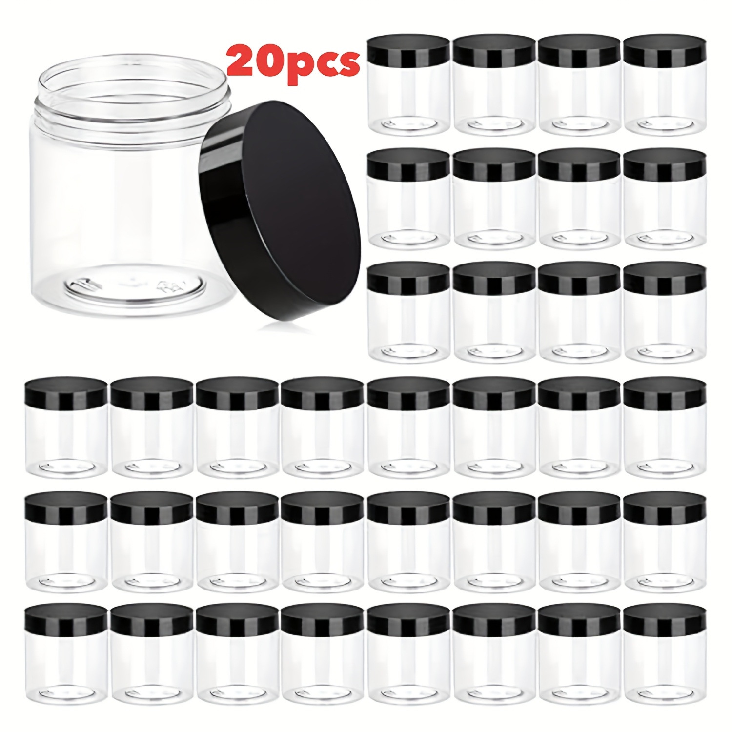 

Lot de 20 pots en plastique rond transparent de 4 oz avec couvercles noirs, récipients cosmétiques BPA pour produits de beauté, bijoux, échantillons, rangement de voyage