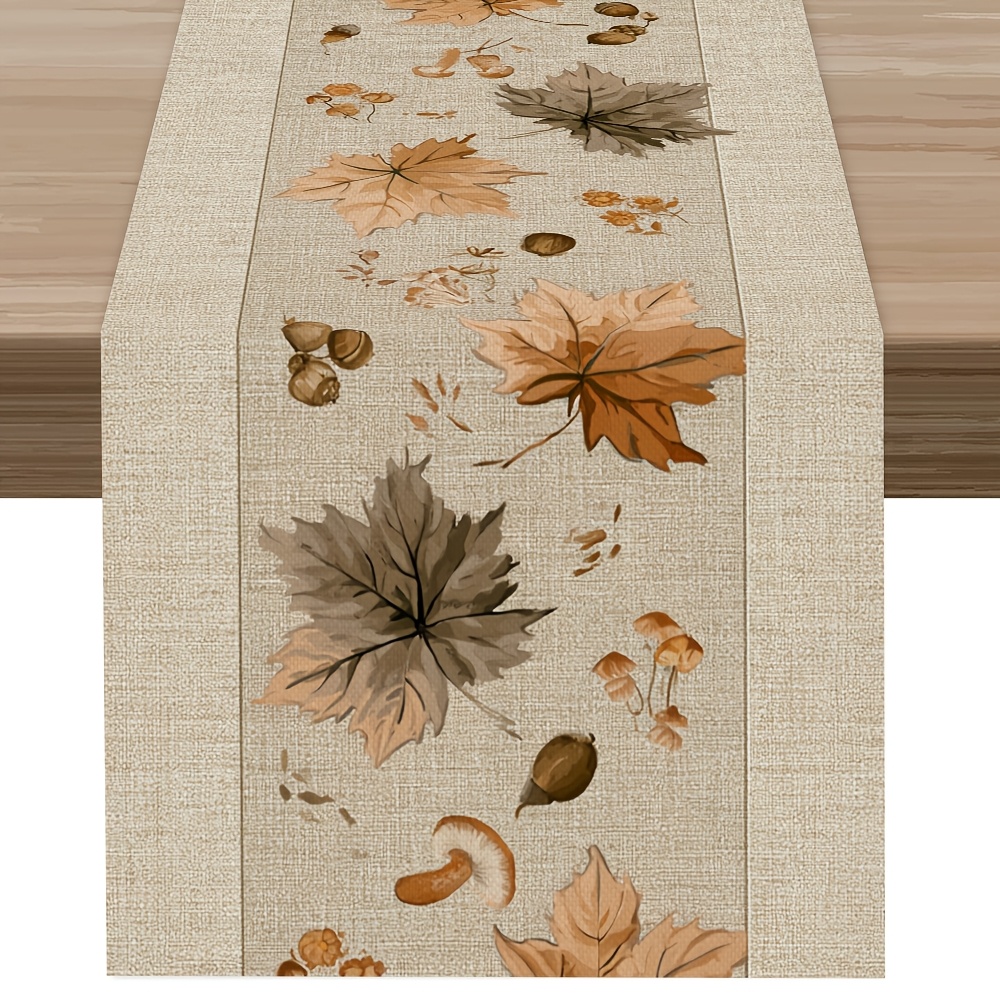 TEMU 1pc Light Maple Scroll Kinesashi Small Leaf Print Table Runner, Coastal , Latest Autumn Table Runner, Printed Polyester Tablecloth Table Runner,
