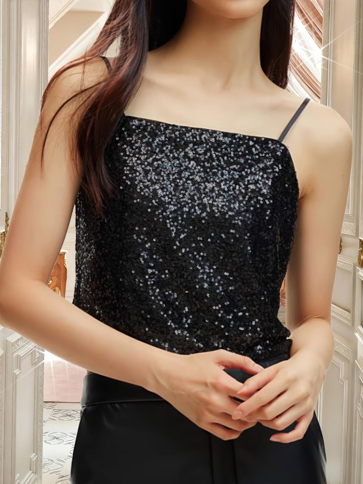 Dames pailletten tops Glitter tops Sparkle feestvest Mouwloos tuniekvest Dames pailletten tanktop (Zilver, L