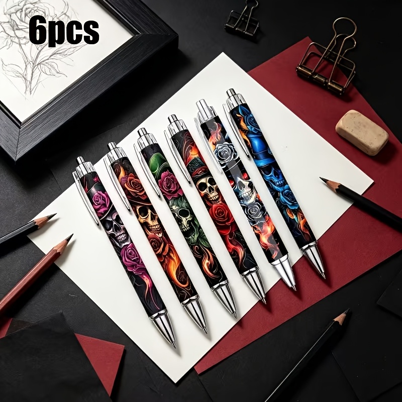 TEMU 6pcs Print Ballpoint Pen Set, Dark Gothic Floral Illustration Pen, Trendy Niche Gift Pen, Suitable For Art Creators, Adult Collectors, Daily