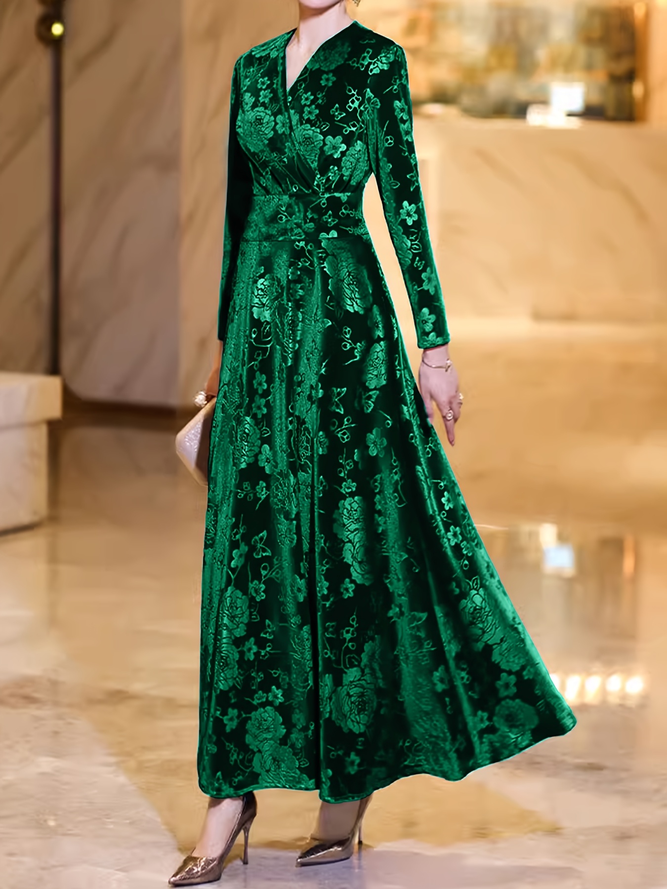 womens elegant long sleeve v neck floral a line maxi dress - Temu Oman
