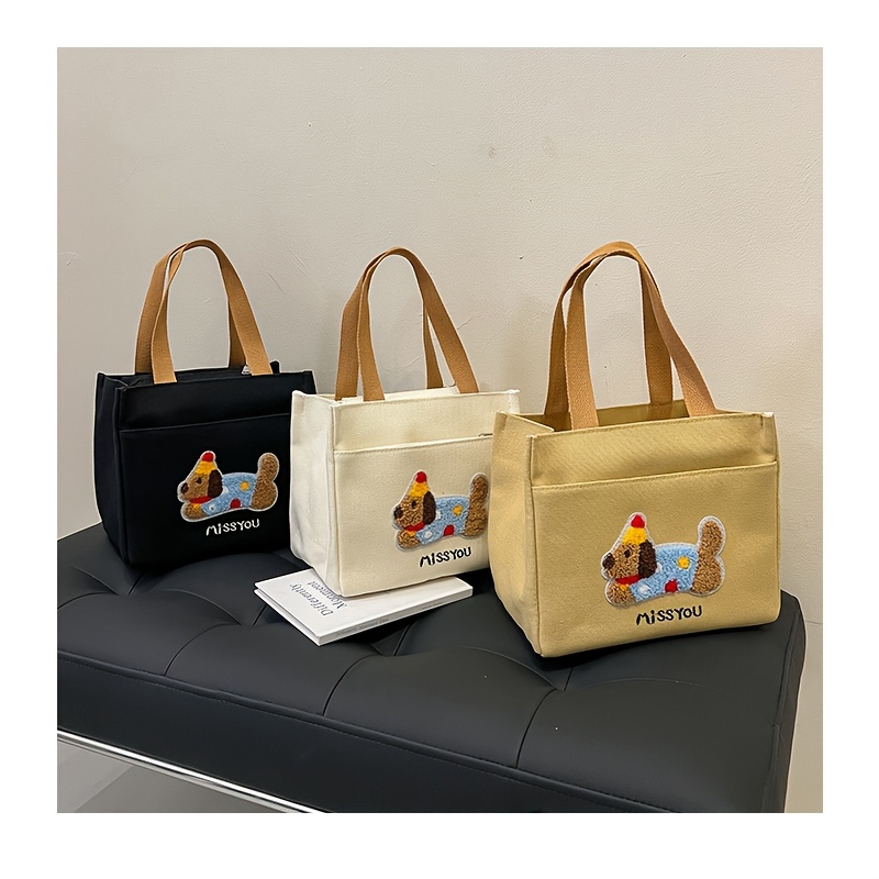 Cartoon Dog Canvas Lunch Bag with Large Capacity