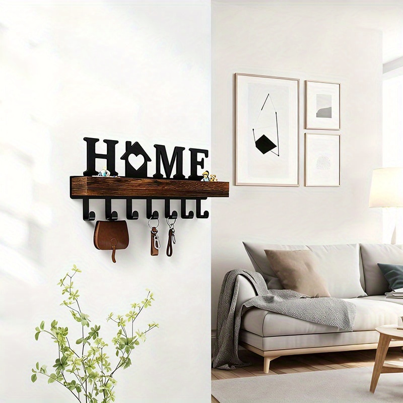 Wooden Wall-Mounted Key Holder Set with 7 Hooks for Keys and Mail