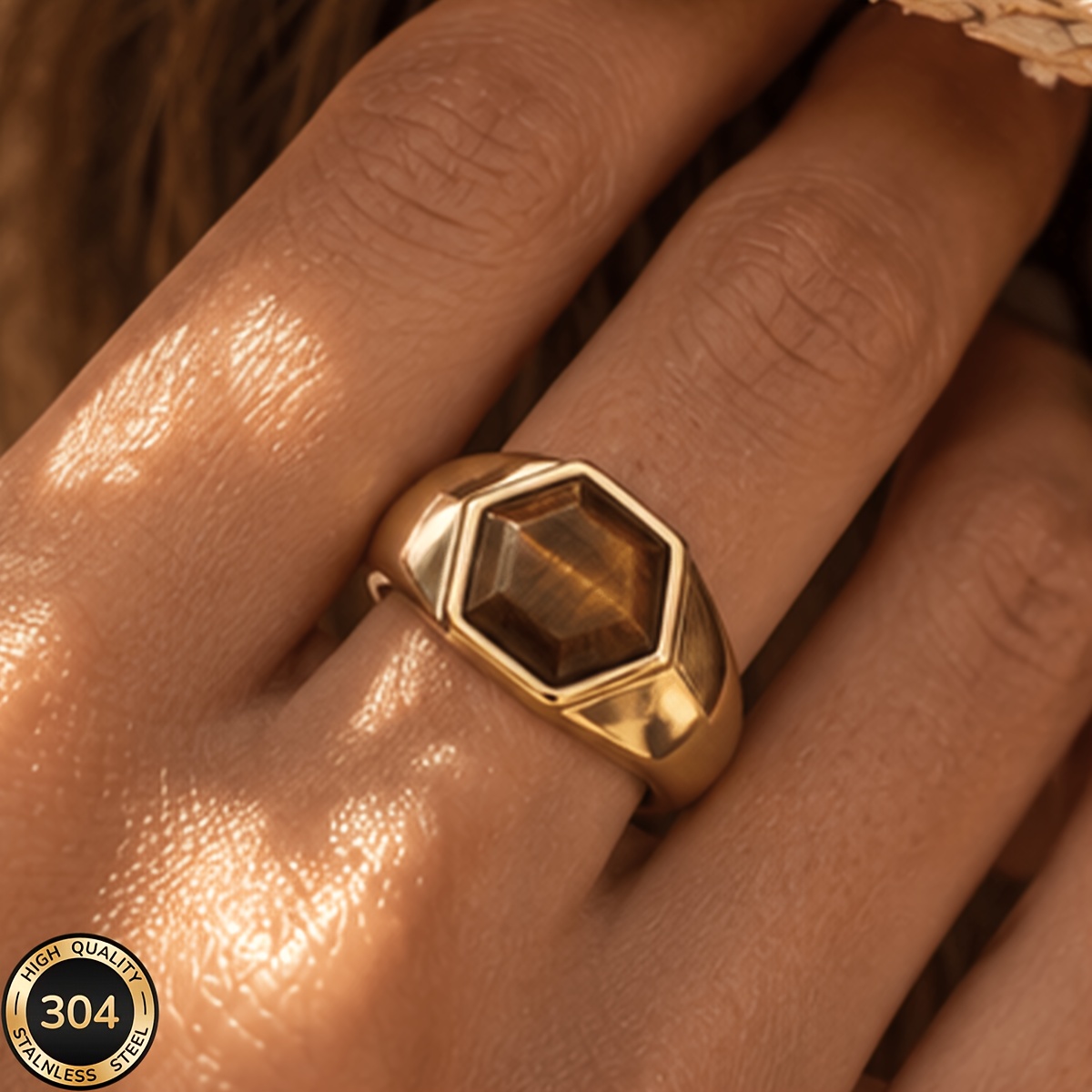 Women's 18K Gold-Plated Hexagonal Ring, Minimalist Design