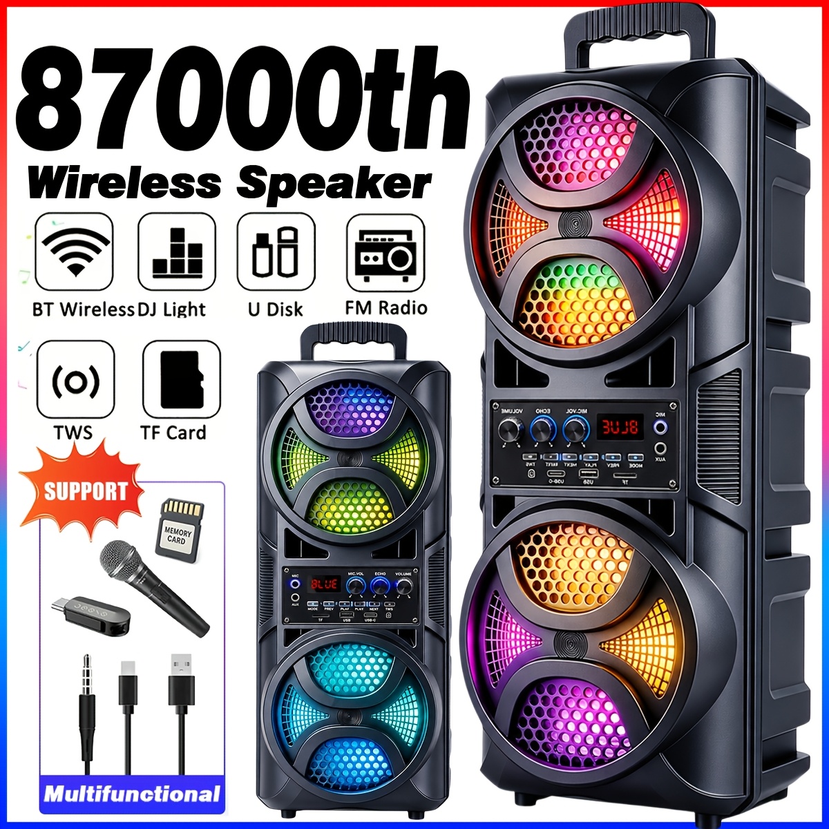 TEMU 87000hz Portable Pa Amplifier Wireless Speaker With Microphone, Rgb Lighting, Lightweight Subwoofer And Convenient Speaker, Supports Fm Radio,