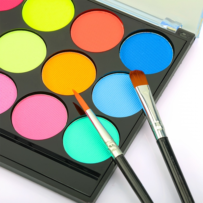 15 color fluorescent painting set 8 makeup brushes finger brushes colorful tattoo stickers a multi color water based face and body makeup palette with brushes fluorescent design non toxic paste for role playing suitable for carnival halloween christmas music festivals birthdays parties theatrical makeup artistic tattoo effects face painting brushes face makeup kit