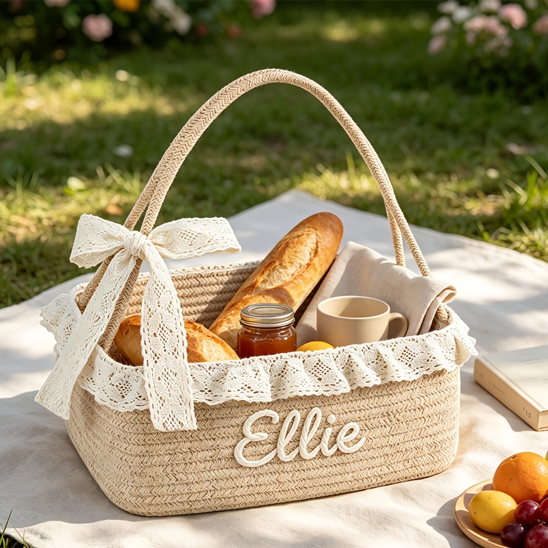 TEMU Panier de rangement personnalisé avec nom, panier à main de dentelle, panier cadeau d'anniversaire, panier de rangement pour cosmétiques de