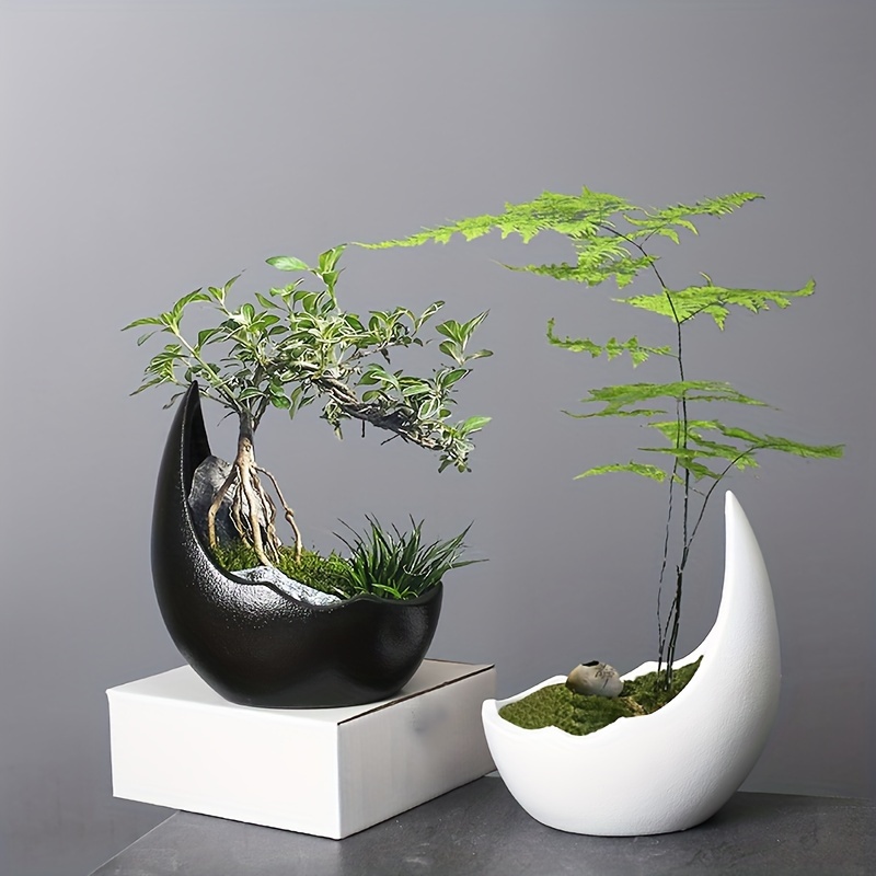 

1pc Vintage-inspired Ceramic Crescent Moon Succulent Planter - Versatile Indoor/outdoor Flower Pot For Home & Garden Decor