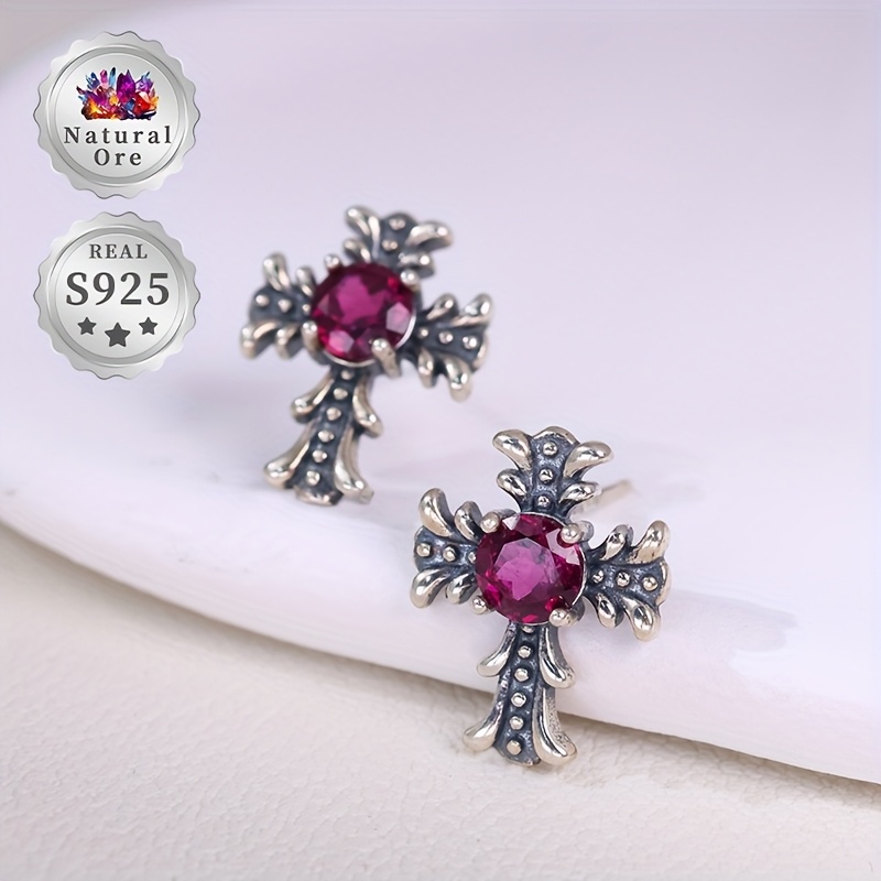 Women's S925 Silver Earrings with Red Garnet, Gothic Cross Design