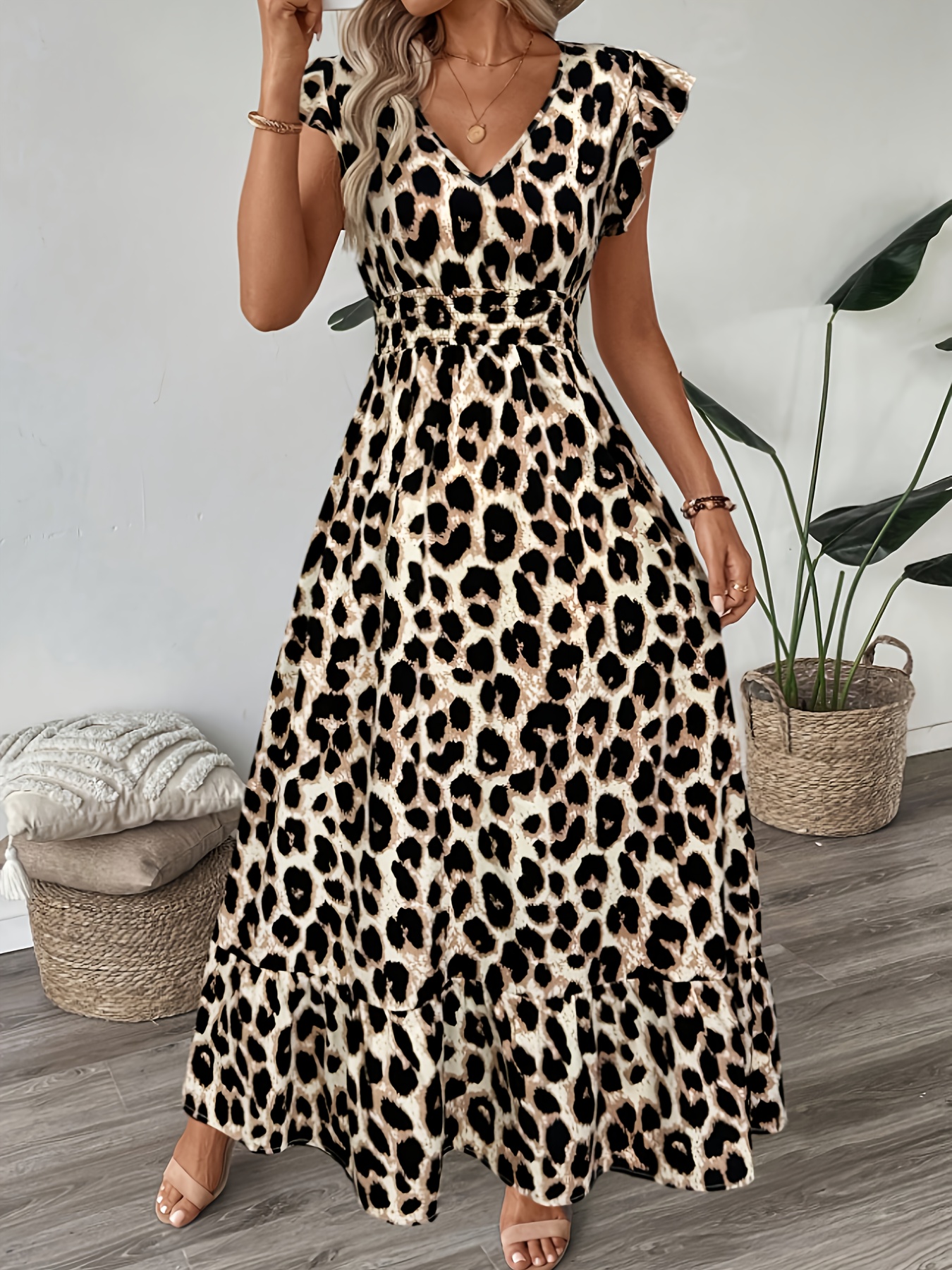 navy blue dress for baby girl Casual A-Line Dress with V-Neck And * Sleeves, a Easy And Stylish Leopard  Print Dress for Women