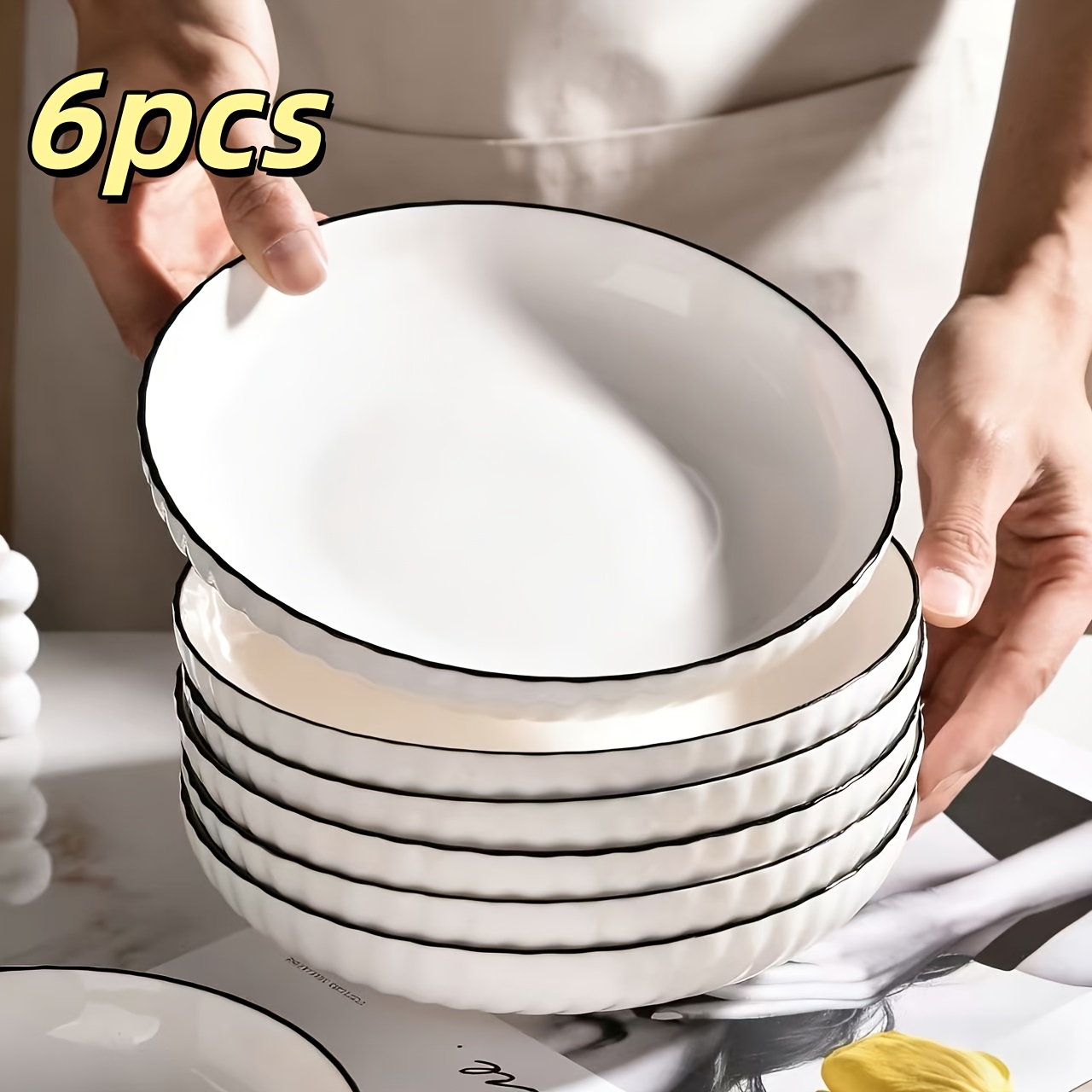 TEMU 6pcs 8-inch Stylish Round Ceramic Deep Plates, White Porcelain With Black Edges, Minimalist Style, Suitable For Pasta, Salad, Sushi, Desserts,