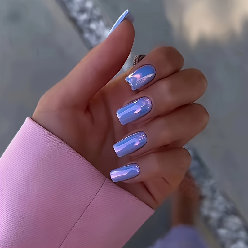 

24pcs Aurora Blue-purple Press On Nails, Chrome Fake Nails, Glossy Medium Square Shape False Nails For Women Girls