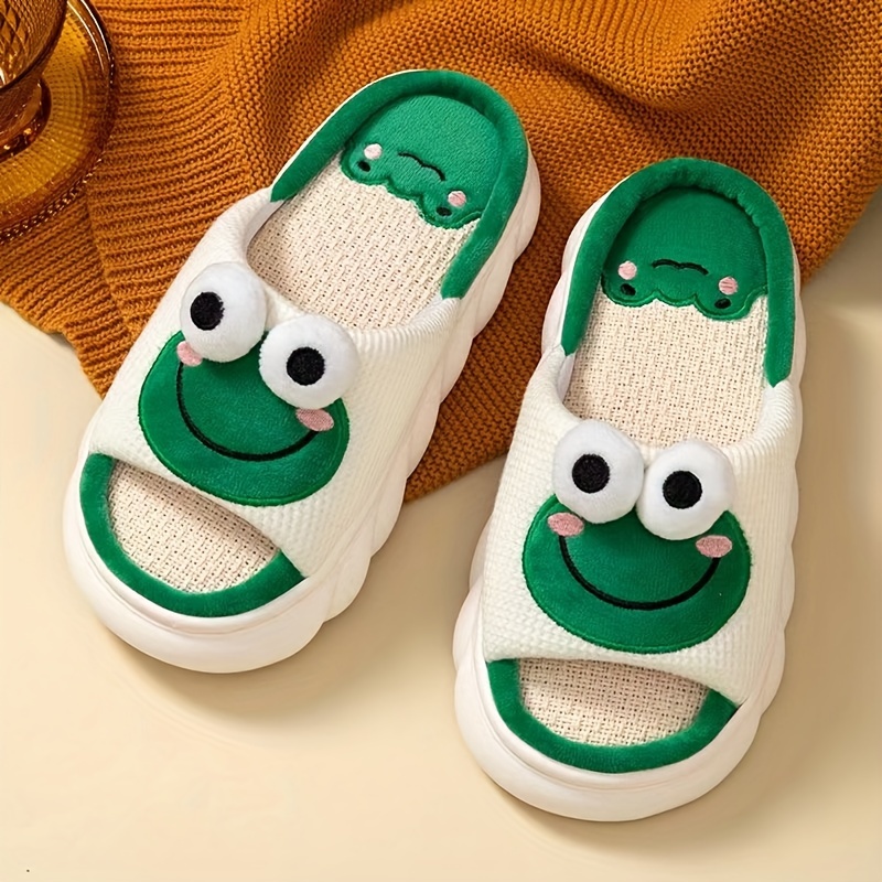 

Cute Frog Design Linen Slippers, Breathable Open Toe Soft Sole Platform Shoes, Comfy Indoor Floor Slippers