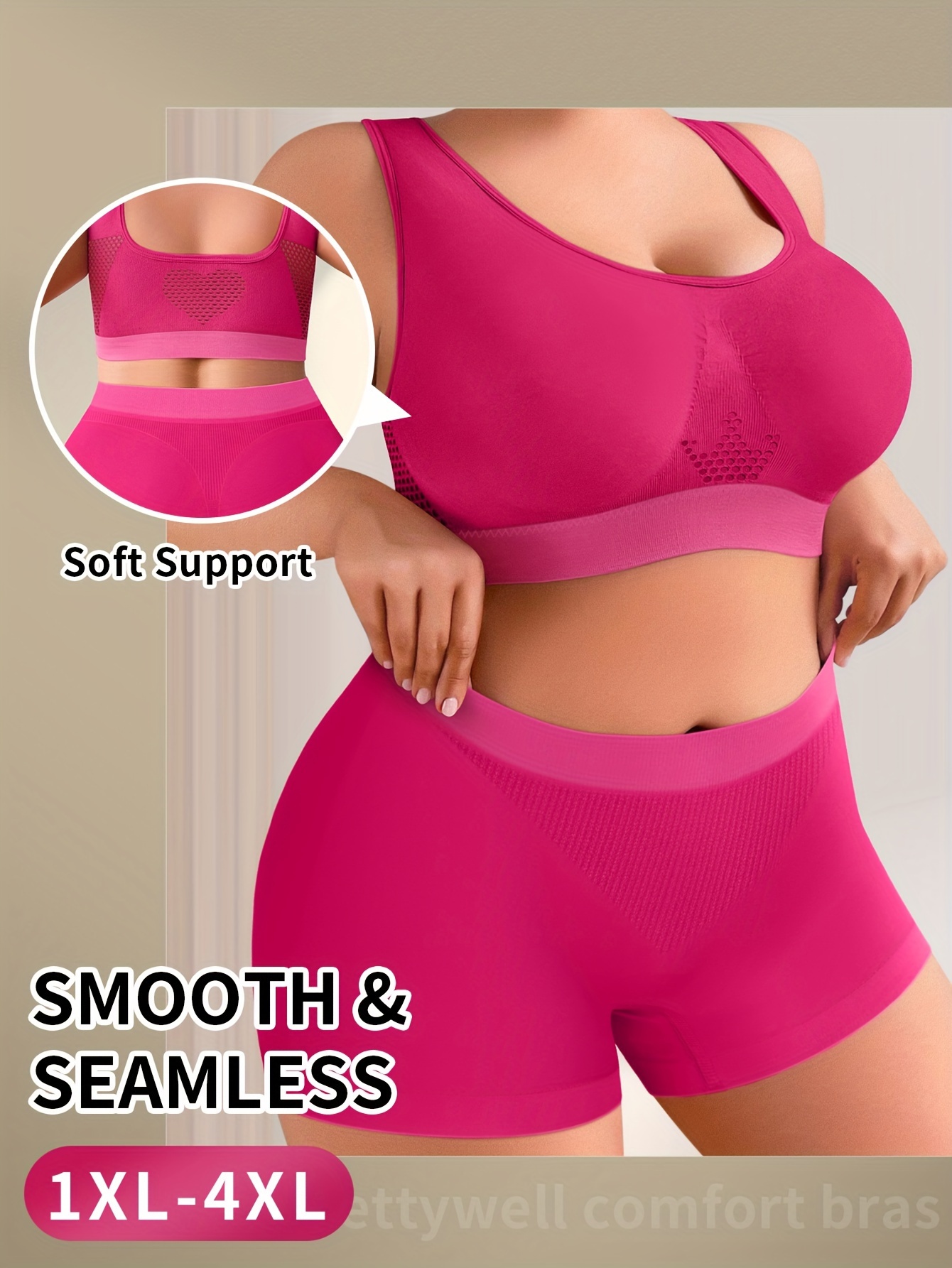 1pc Seamless Low Waist Panty Full Coverage Underwire-Free Comfortable Style Plus Size Bra in Rose, MIOTAN