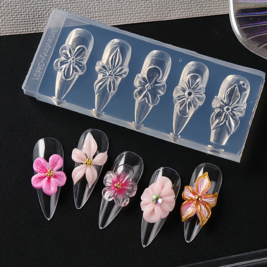 TEMU 1pc Nail 3d Decoration Carving Silicone Mold Contains 5 Designs Five-petaled Flower Transparent Reusable Stencils Nail Decoration Diy Creative
