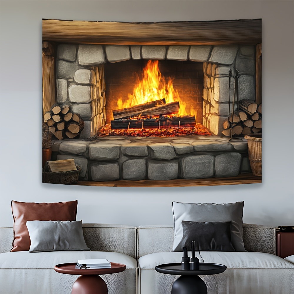 A Stone Fireplace with Burning Firewood Home Decor Backdrops, Living  Room Decoration, Room And Everyday Sty