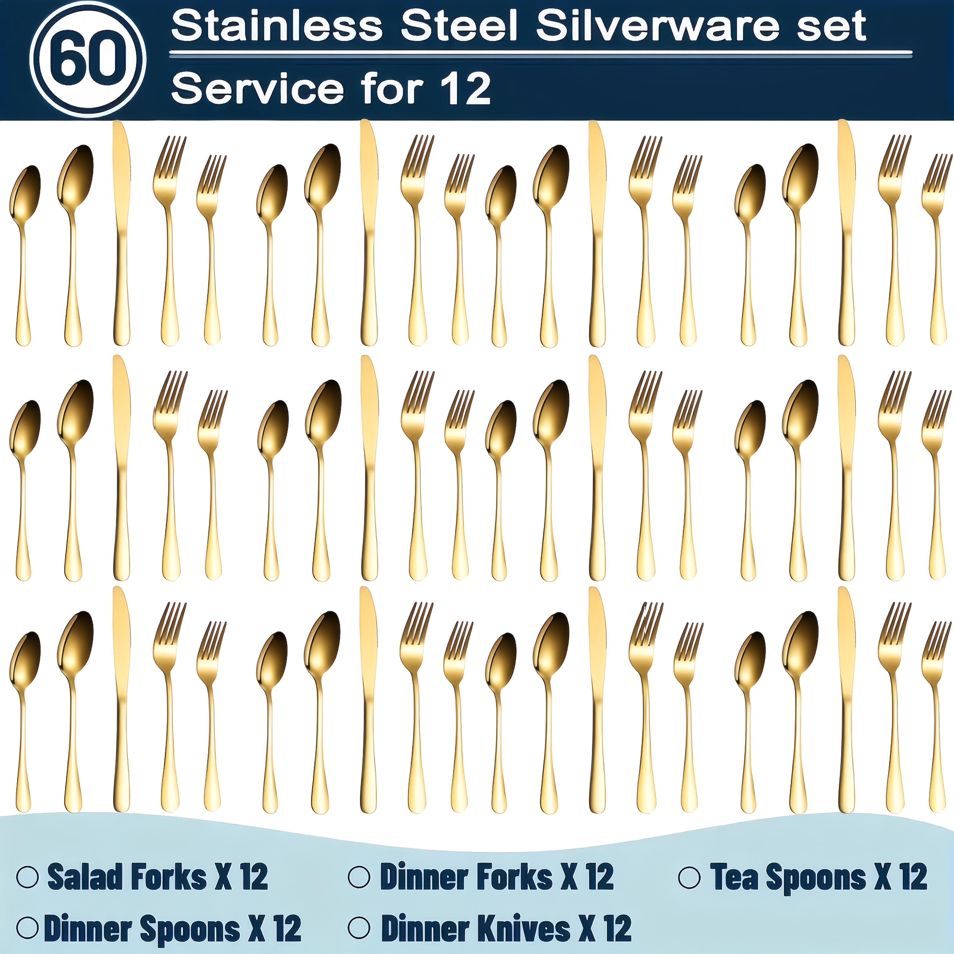 TEMU 60/20pcs Stainless Steel Golden Silverware Set - Heavy Duty Commercial Silverware For Restaurants, Weddings & Home|dishwasher Safe, Rust-proof,