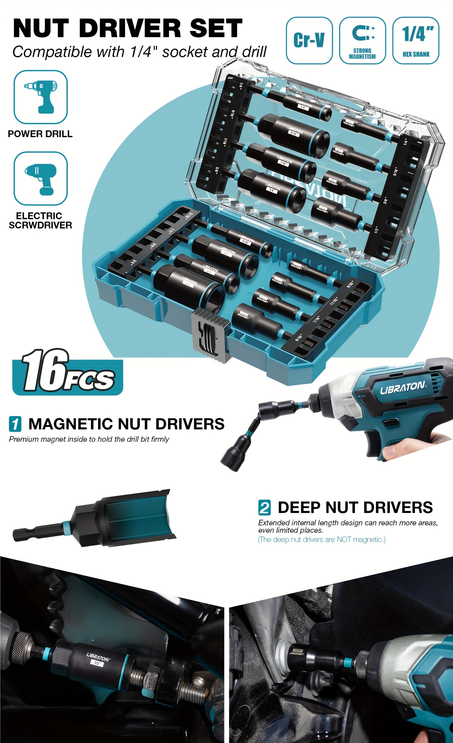 Juego de 16 piezas de desarmadores magnéticos y profundos para tuercas LIBRATON, de 1/4