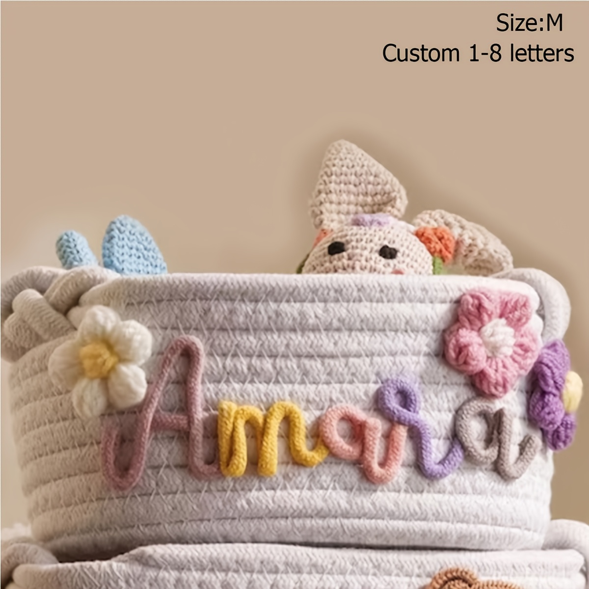 TEMU [custom] 1pc Personalized Handmade Storage Basket With English Name â Includes 1â3 Random Floral Accents And Cartoon Animal Patches | Home