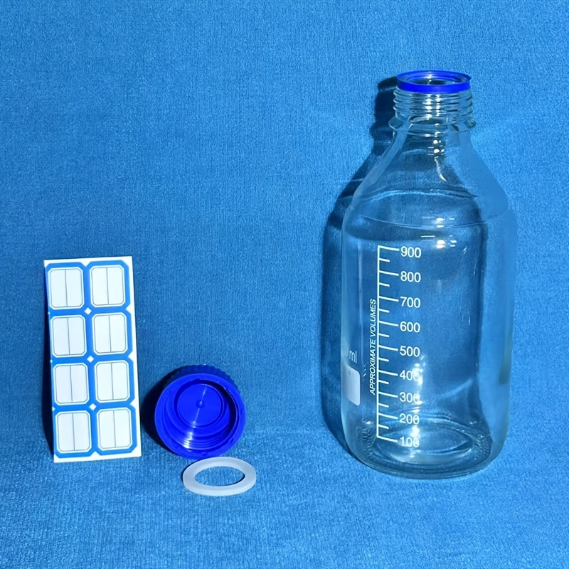 TEMU 2025 Upgraded Transparent Borosilicate Glass Graduated Round Laboratory Reagent /storage Bottles, With Gl45 Blue Screw Caps And Added Sealing