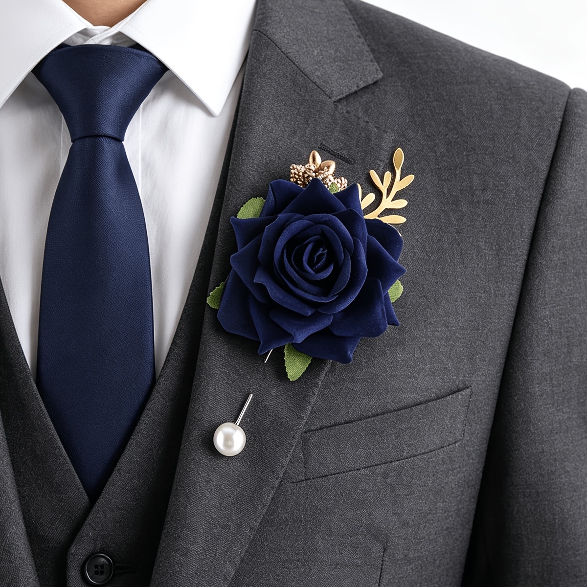 TEMU 1pc Vintage Rose Men's Boutonniere, Pearl Tweezer-style Lapel Flower For Wedding Groomsmen And Business Evening Wear