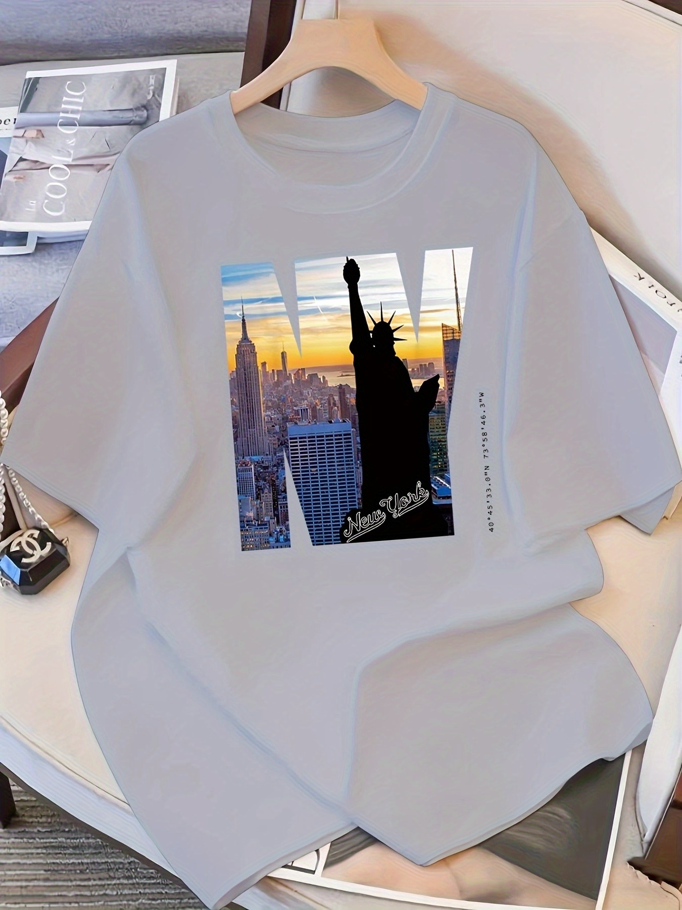 Men'S Casual Crew Neck T-Shirt with NY City Skyline Print, Alphabet Slogan, Polyester Knit Fabric, Slight Stretch, Regular Fit, Summer Wear - MBDMBD