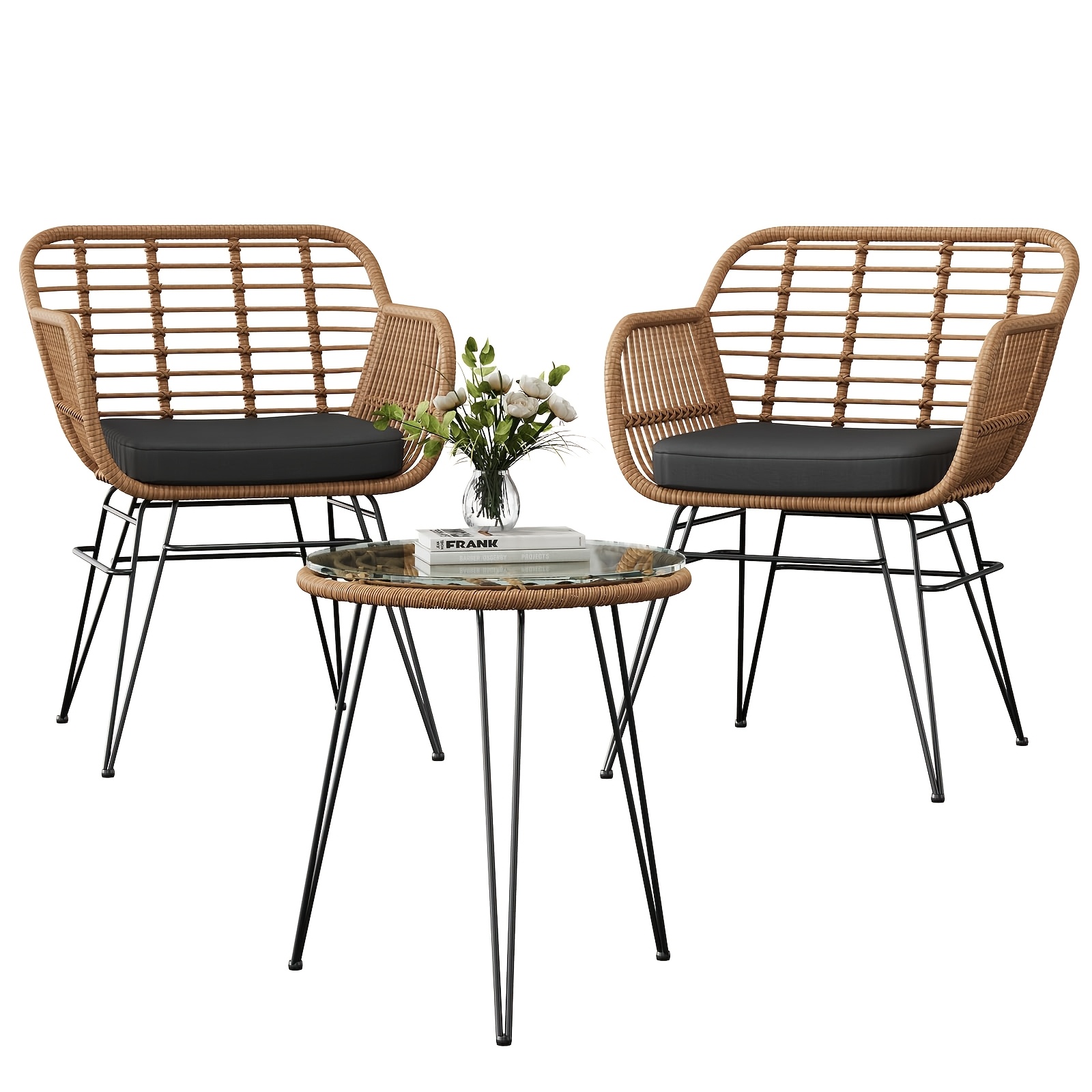 Image of 3pcs Rattan Bistro Set Patio Table Chairs Pe Wicker Garden Furniture Cushions Glass Top Balcony