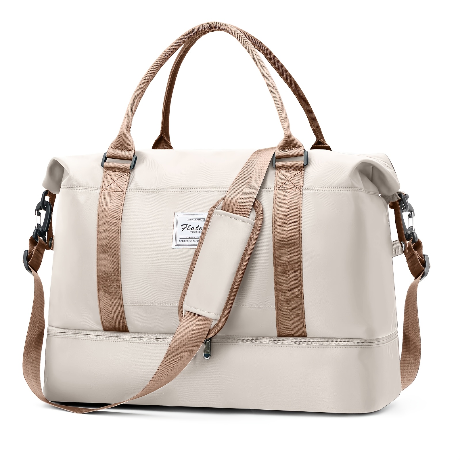 

Essential, Chic Women's Weekender Bag With Shoe Compartment - Nylon, Overnight Travel In Cream/black