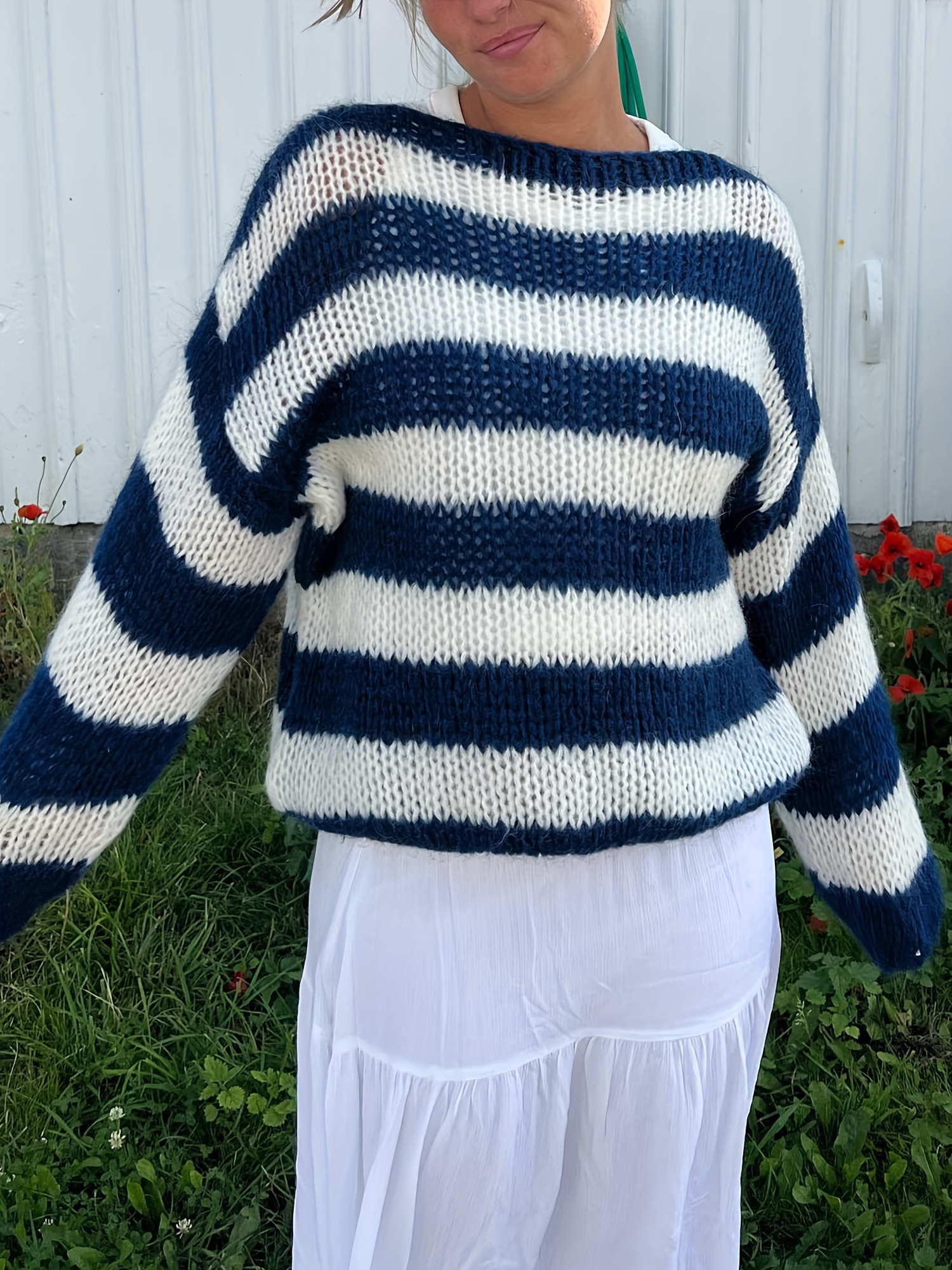 womens vintage striped boat neck sweater cozy long sleeve Temu