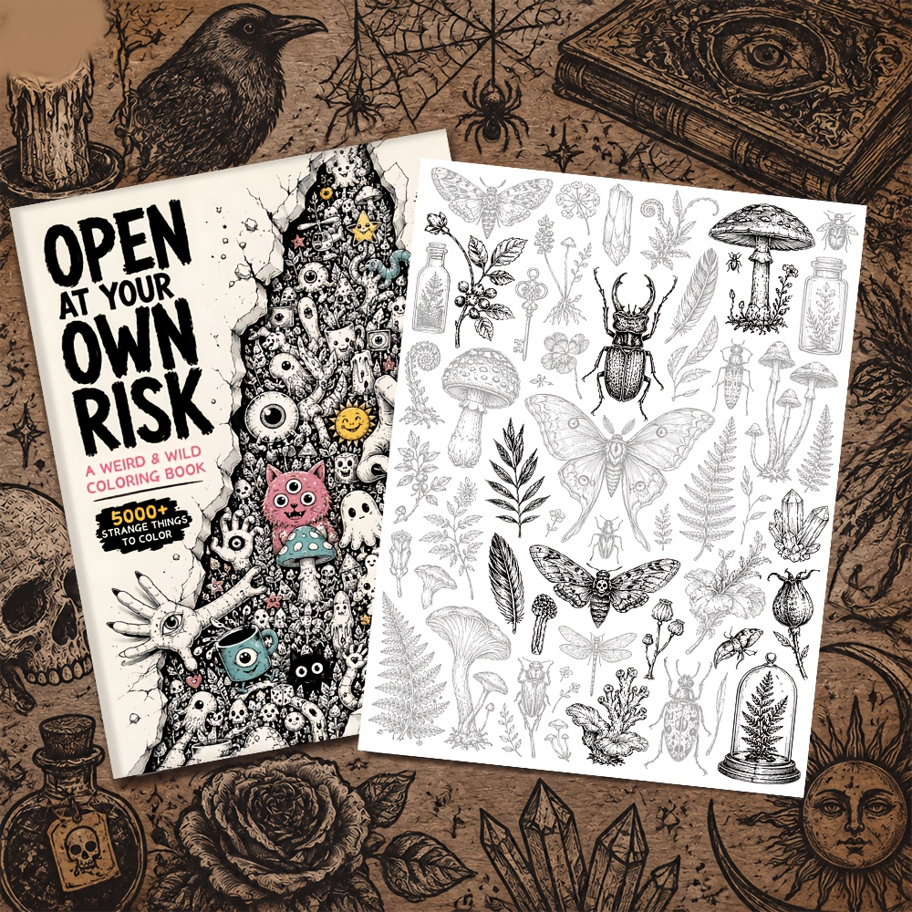 TEMU Exquisite Stress-relief Doodle Book, 5000+ Pattern Gothic Line Drawings, Featuring Monsters, Mushrooms, Insects, And Crystal , Adult Relaxation