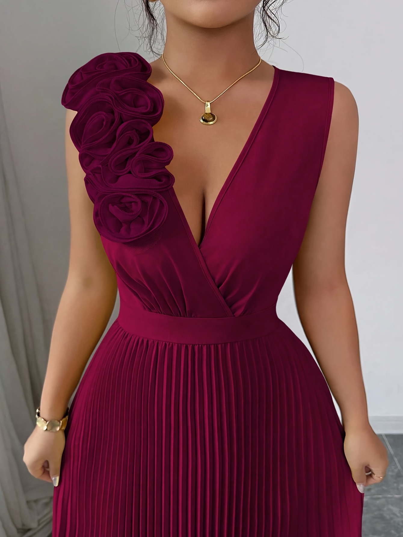 womens burgundy v neck 3d floral embellished sleeveless maxi - Temu