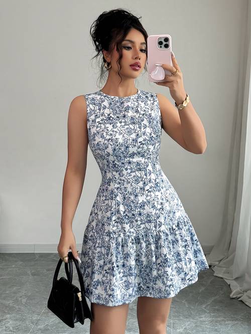 womens elegant floral round neck waist cinching sleeveless dress suitable for dates parties and commuting